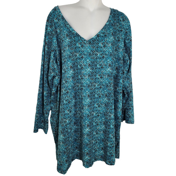 Roaman's Top Tunic Womens 2X 26/28 Teal Tile Print Pullover Long Sleeves V Neck - Picture 1 of 9